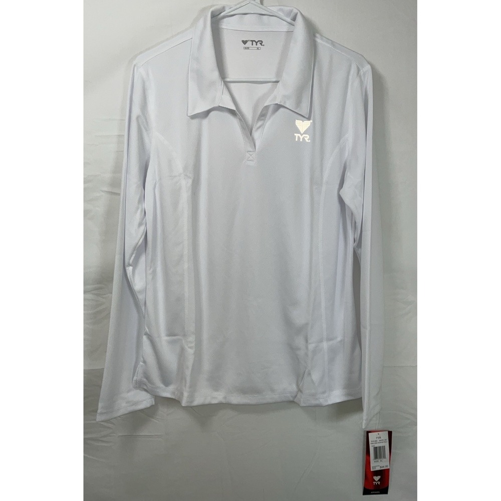 NWT Women's TYR‎ Textured Long Sleeve Polo Shirt White w/Gray Logo - XL